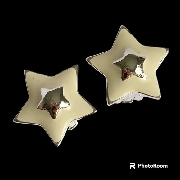 Vintage White Enamel Stars Clip On Earrings 80s 90s Silver Plated Celestial - Picture 2 of 11
